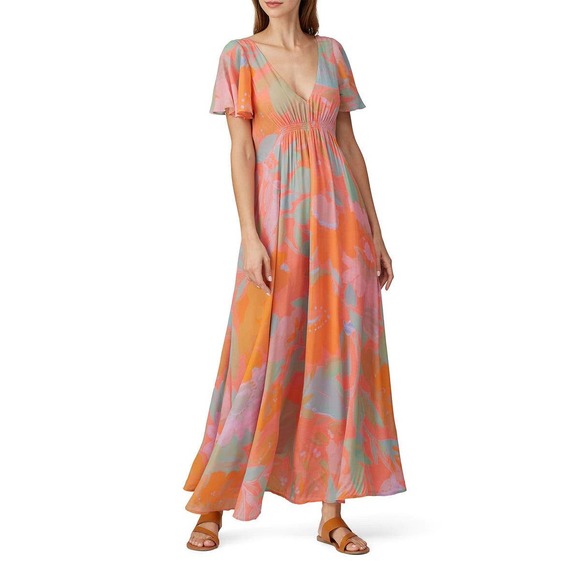 VEDA Multi Orange Printed Crepe Corazon Maxi Dress Size Medium - Picture 1 of 11